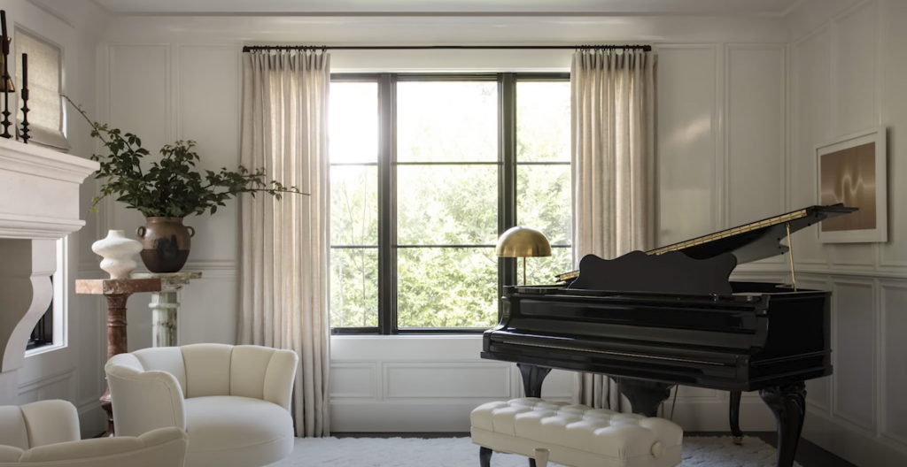 living room with window and curtains-piano-home-decoration-plants-white furniture